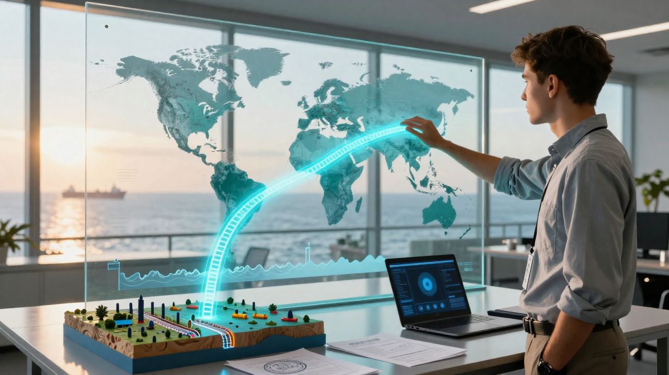 Homem interage com mapa digital holográfico e modelo 3D numa mesa de escritório moderno com vista para o mar.