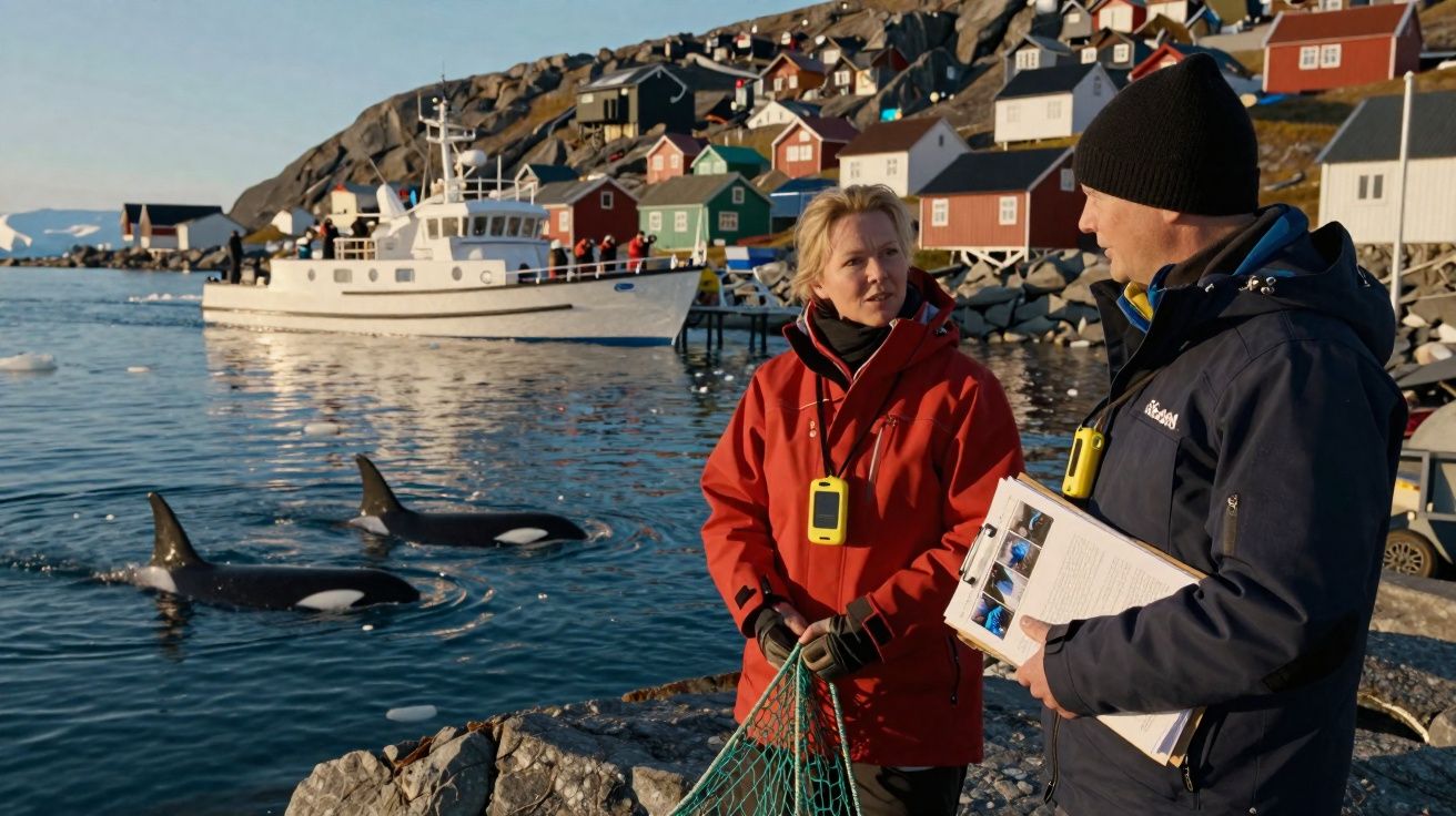 Duas pessoas com roupas de inverno junto à água com orcas a nadar, barcos e casas coloridas ao fundo.