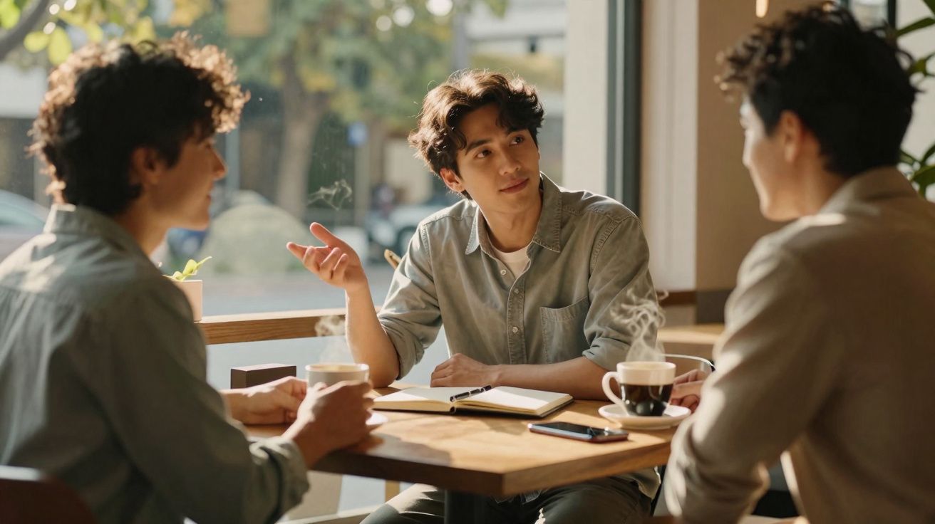 Três jovens sentados numa mesa de café, conversando, com cadernos e bebidas à sua frente.