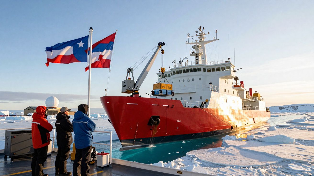 Navio vermelho atracado em gelo ártico com três pessoas a observar e bandeiras a ondularem ao vento.