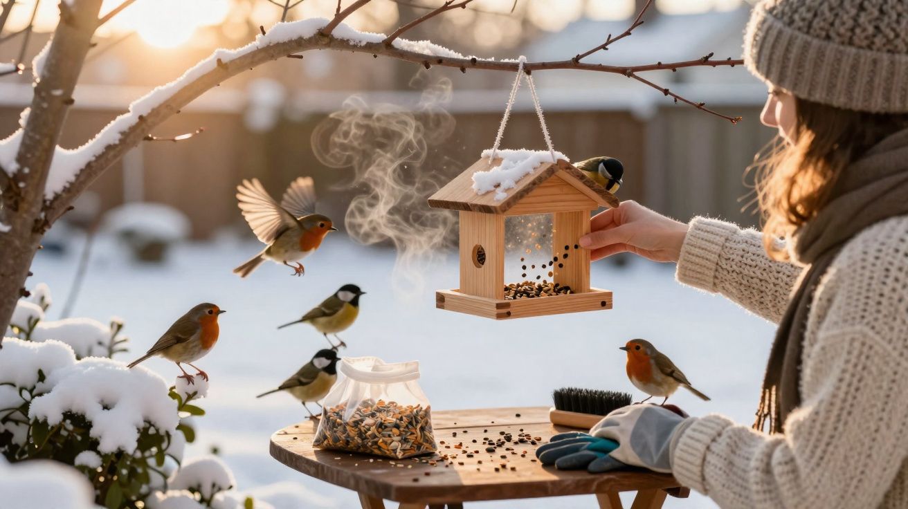 Pessoa a alimentar pássaros na neve com comedouro de madeira e várias aves ao redor numa manhã de inverno.