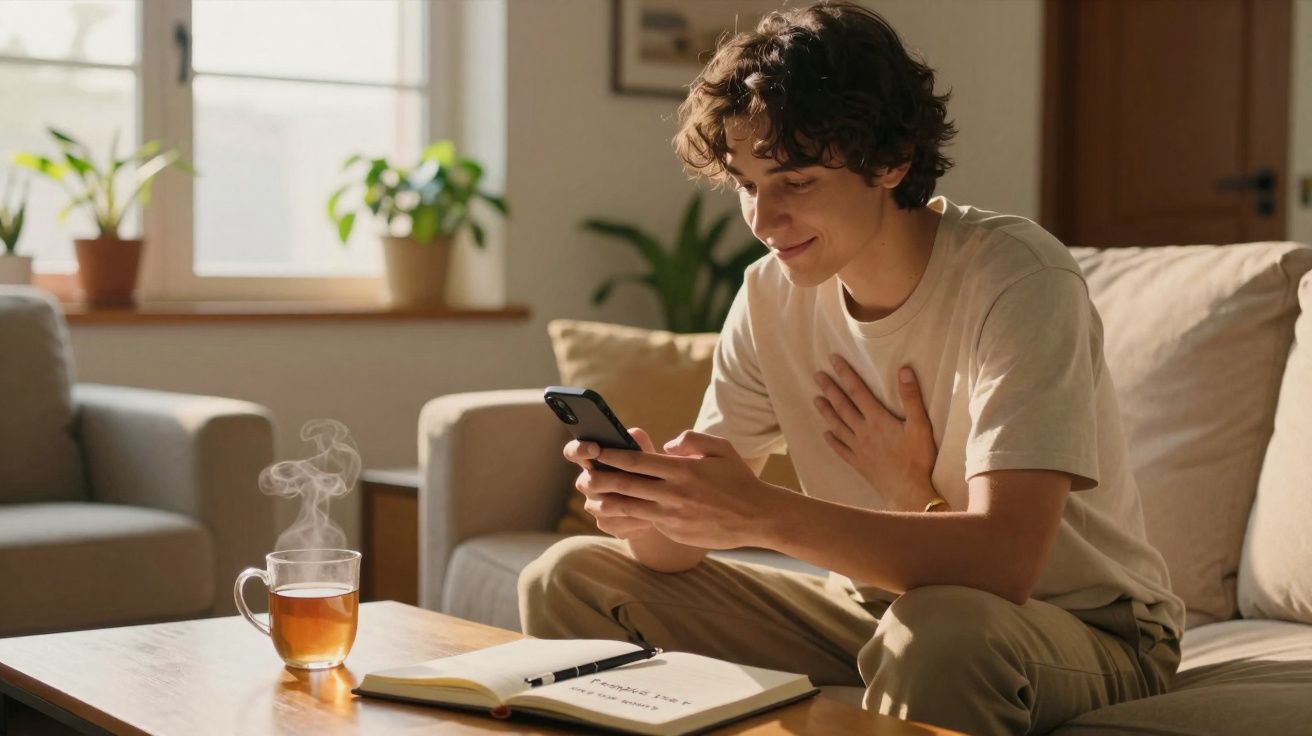 Jovem sentado no sofá a olhar para o telemóvel com sorriso e chá quente numa mesa com caderno aberto.