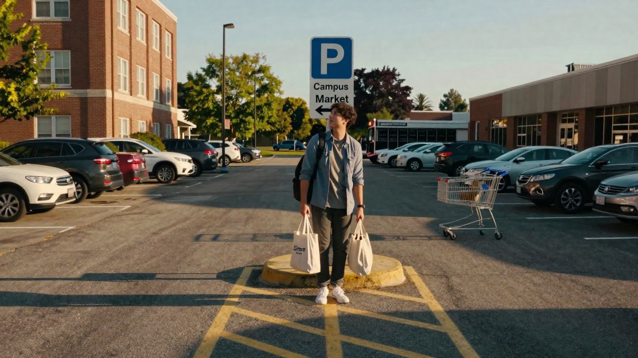 Jovem com mochilas e sacos de compras num parque de estacionamento junto a edifícios comerciais e residenciais.