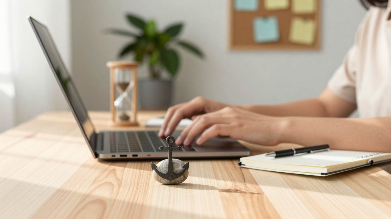 Pessoa a trabalhar num computador portátil com escritório organizado, planta e bloco de notas.