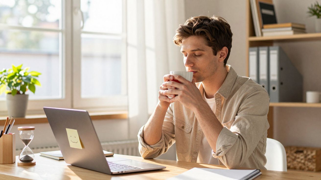 Homem sentado numa secretária a beber de uma caneca, à frente de um portátil, num ambiente de escritório luminoso.
