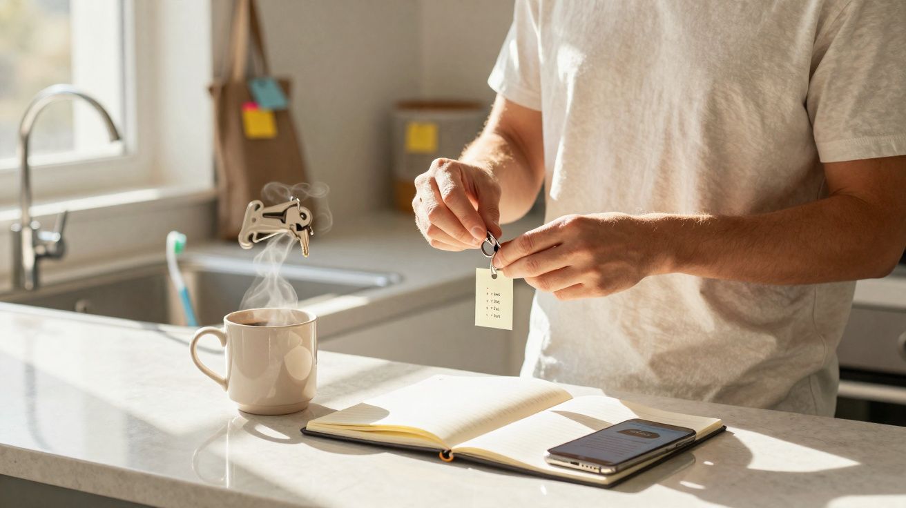Pessoa com t-shirt branca prende etiqueta numa chave, ao lado de caderno aberto, telefone e chávena com vapor na cozinha.