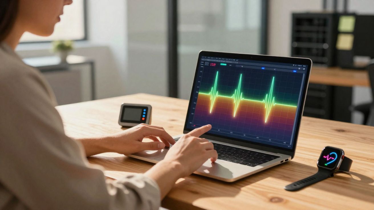 Pessoa a analisar gráfico de batimentos cardíacos num laptop, com relógio inteligente e dispositivo médico na mesa.