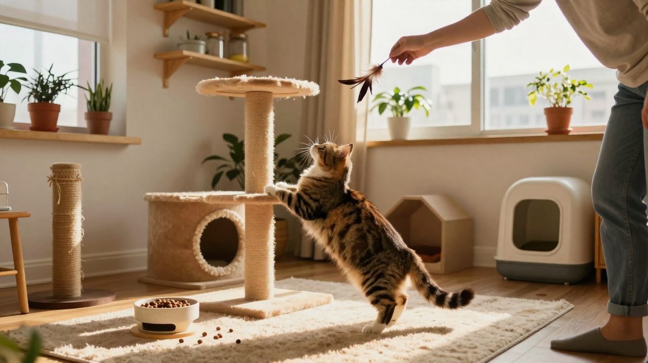 Gato tigrado a esticar-se num arranhador, brincando com uma pessoa que segura uma pena numa sala iluminada.