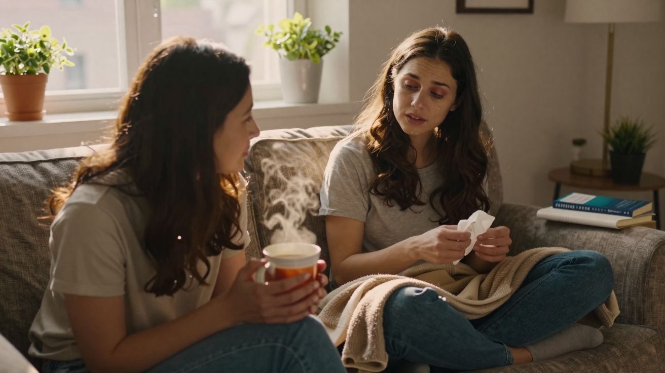 Duas mulheres sentadas no sofá a conversar, uma com chá quente e outra com lenço na mão.