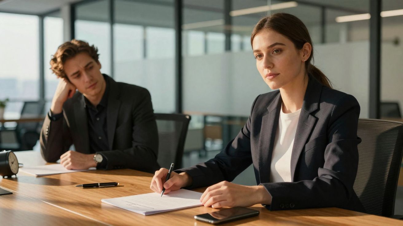 Dois jovens em fato estão numa reunião, ela a escrever e ele a observar pensativo.