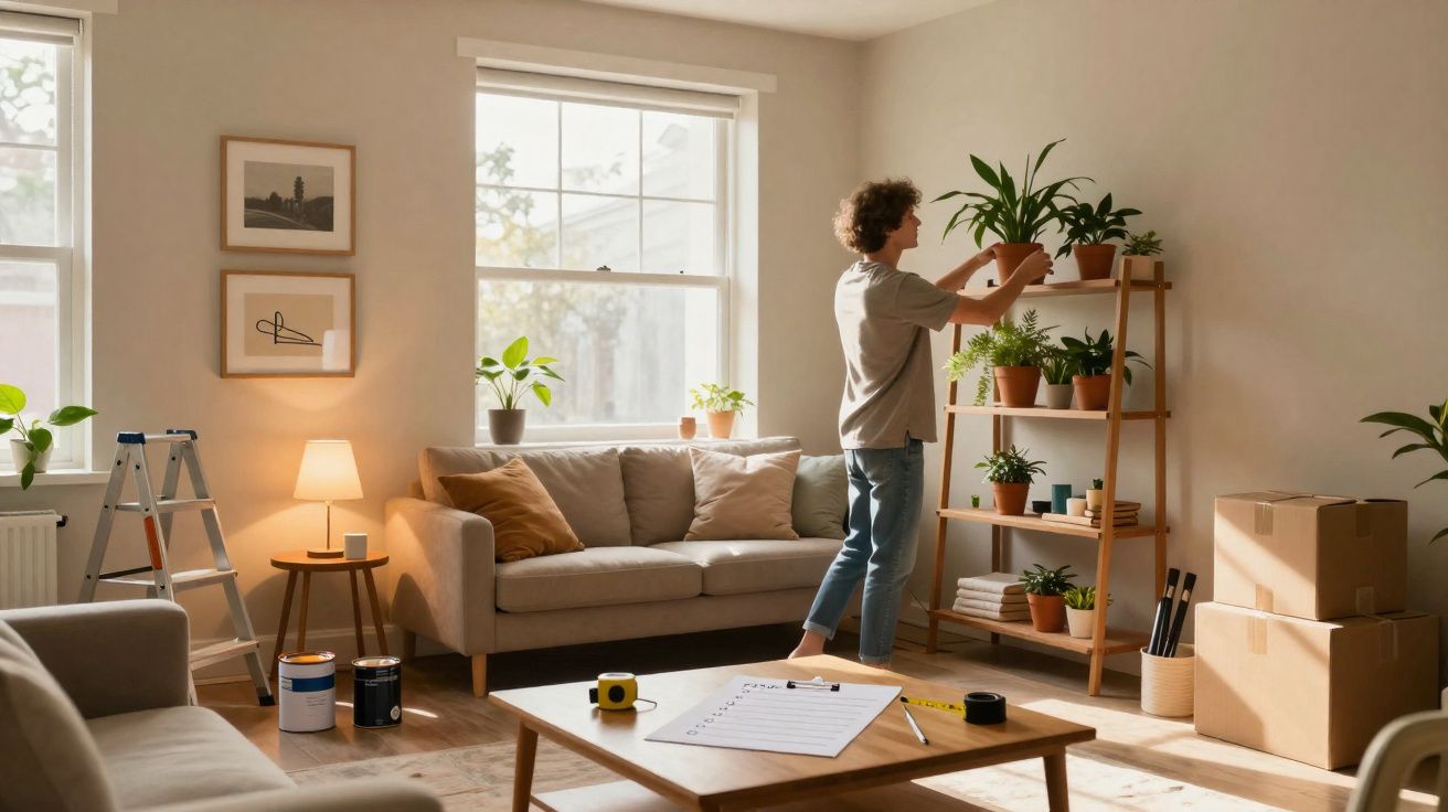 Pessoa a organizar plantas em prateleira numa sala clara com sofá, caixas de mudança e material de pintura.