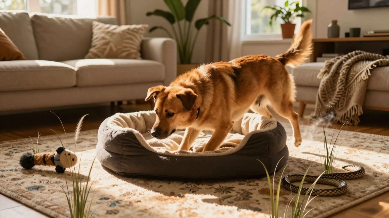 Cão castanho a entrar numa cama para cães num tapete, sala com sofá, plantas e brinquedo pelo chão.