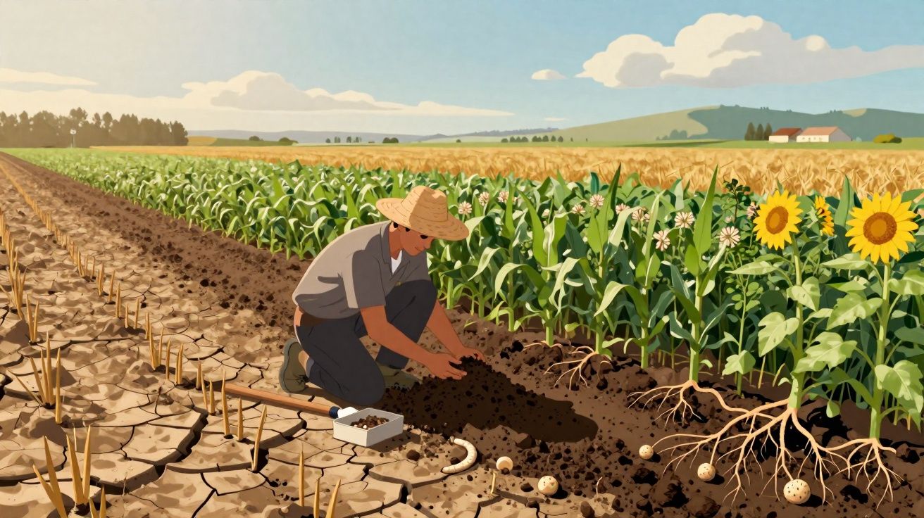 Homem a trabalhar na terra numa plantação com girassóis, milho e batatas num campo rural sob céu azul.