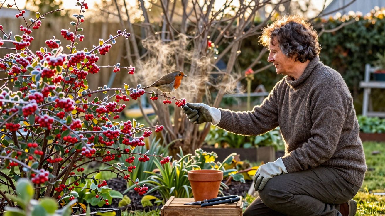 Pessoa com luvas alimenta um pombo num jardim com arbustos de bagas vermelhas e plantas variadas.