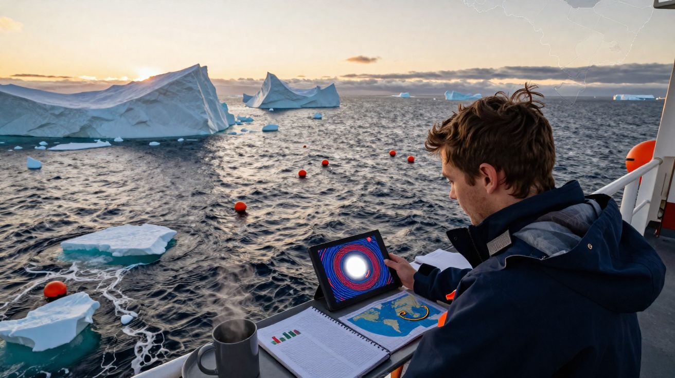 Pessoa com casaco quente observa tablet com gráficos num barco rodeado por icebergs no mar ao pôr do sol.