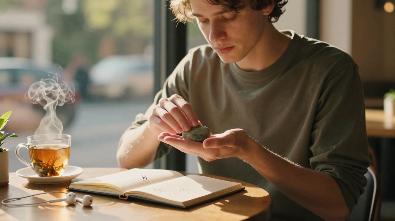 Jovem sentado à mesa, segurando uma pedra, com um caderno aberto e chá quente ao lado numa cafeteria.
