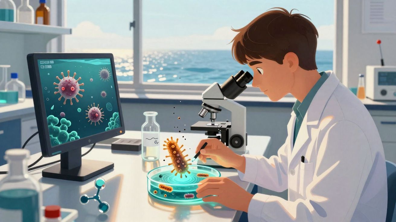 Cientista analisa bactérias numa placa de Petri, com microscópio e imagem digital de vírus na secretária.