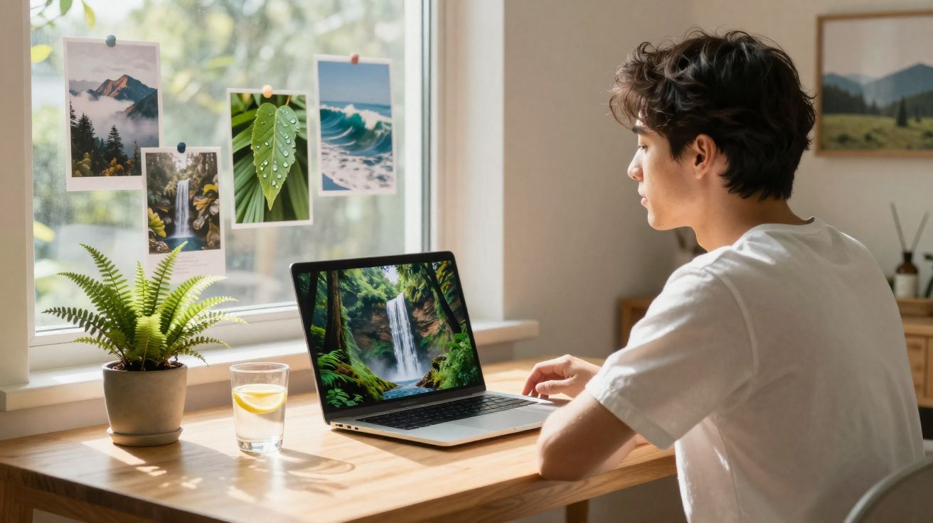 Jovem sentado a trabalhar num portátil com imagem de cascata, ao lado planta e copo de água numa mesa perto da janela.