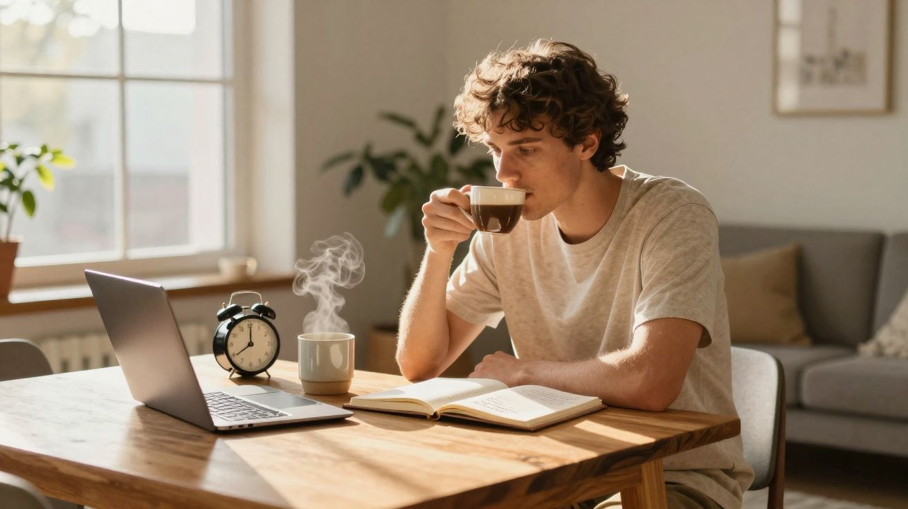 Homem sentado à mesa a beber café enquanto lê livro, com portátil e despertador à frente, em ambiente iluminado.