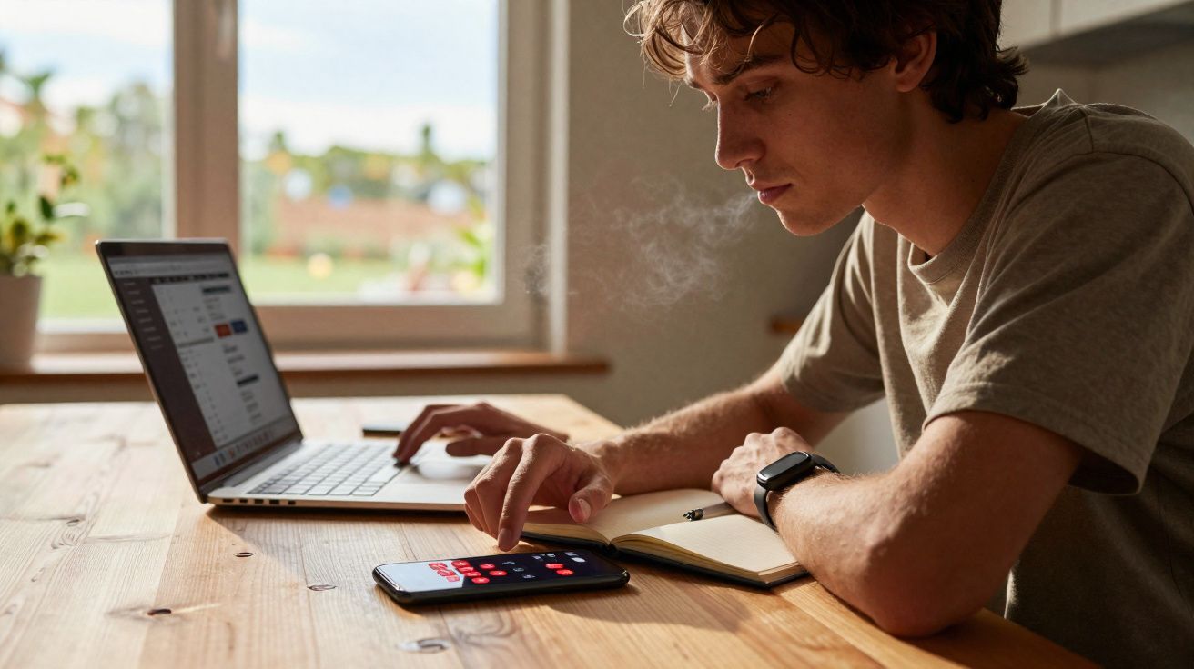 Jovem a usar calculadora num smartphone, com portátil e caderno numa mesa de madeira junto à janela.
