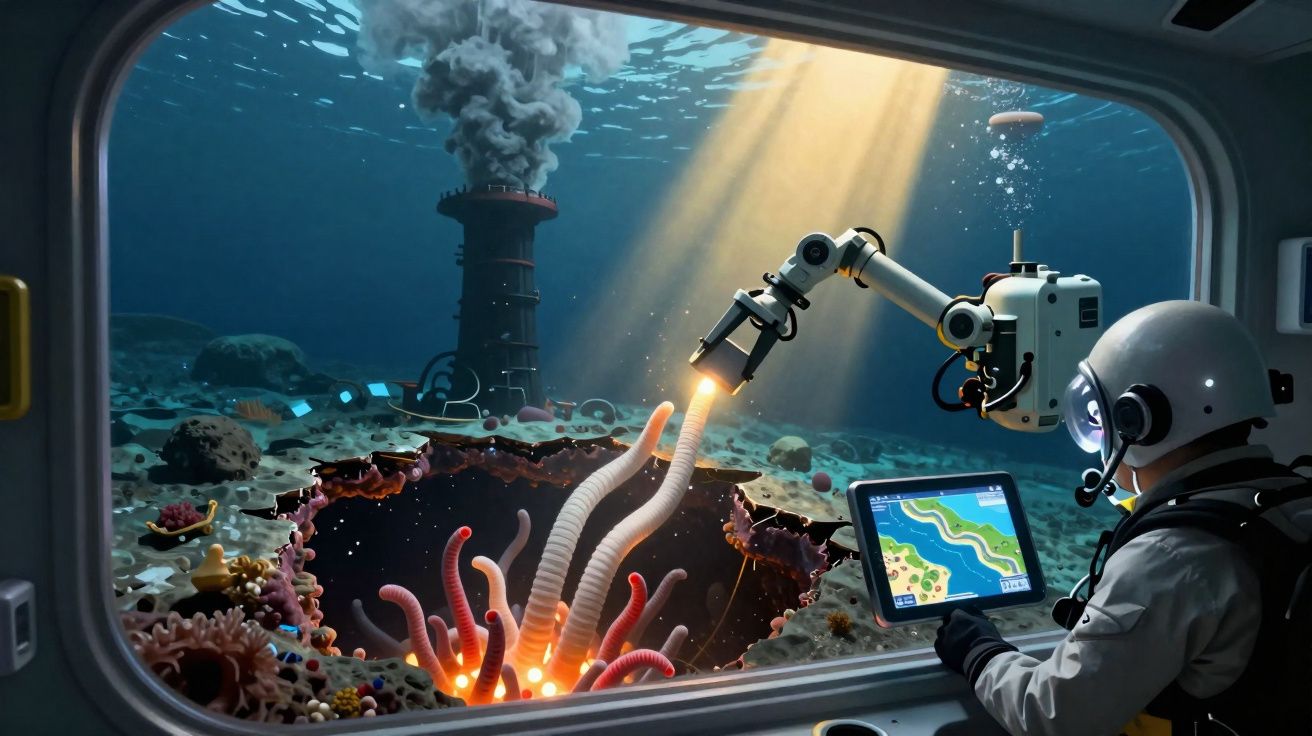 Astronauta em submarino explora fundo oceânico com robô a investigar anémonas luminosas perto de chaminé submarina.