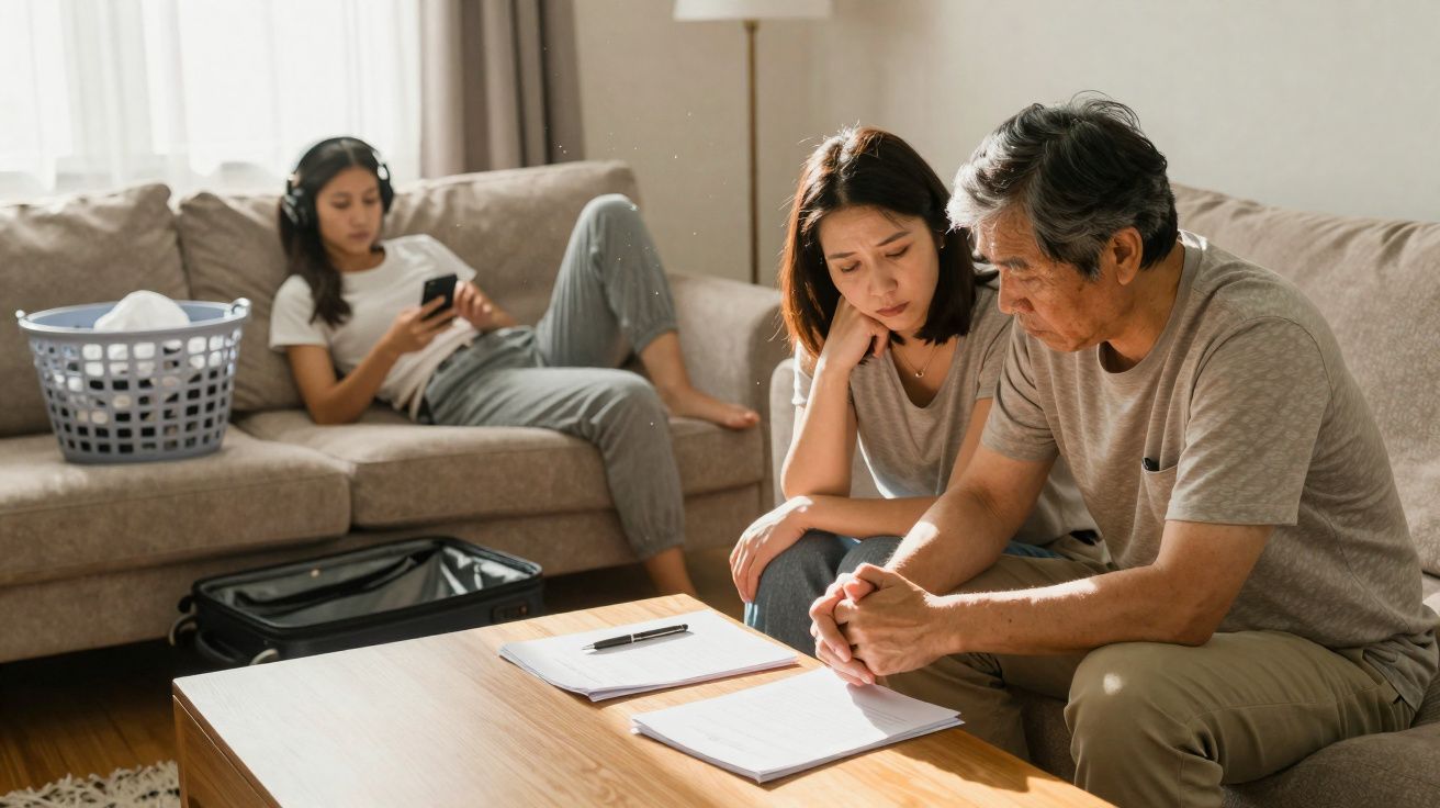 Homem e mulher sentados à mesa a analisar documentos, jovem ao fundo no sofá com headphones e telemóvel.
