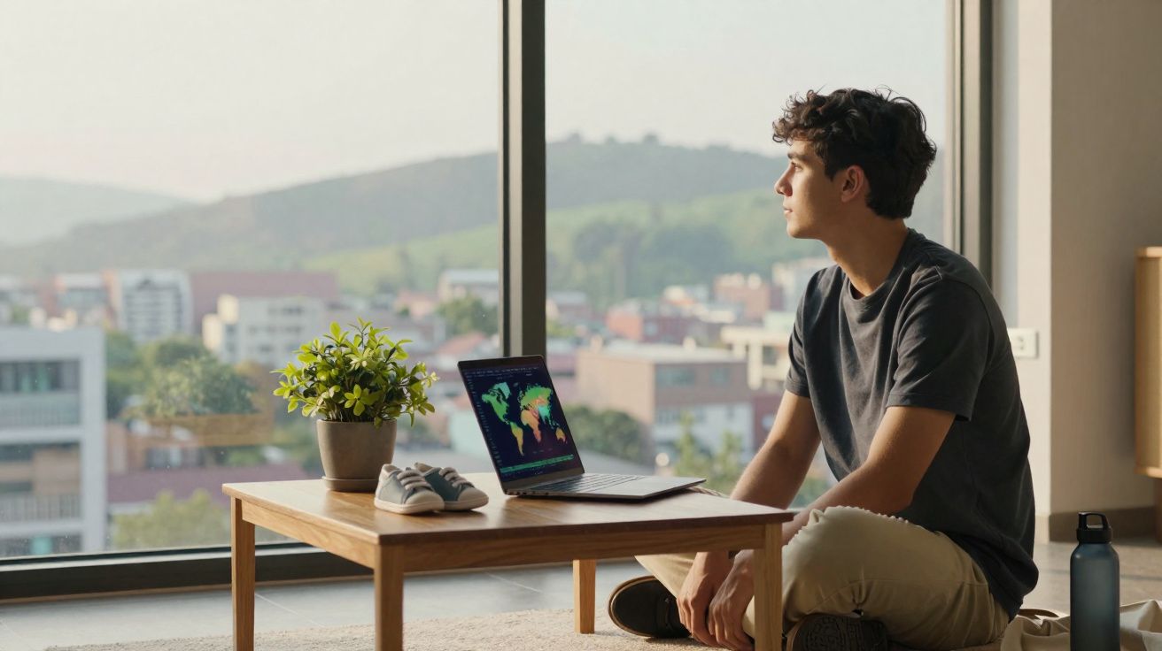 Jovem sentado no chão junto a mesa baixa com computador aberto e vista urbana pela janela grande.
