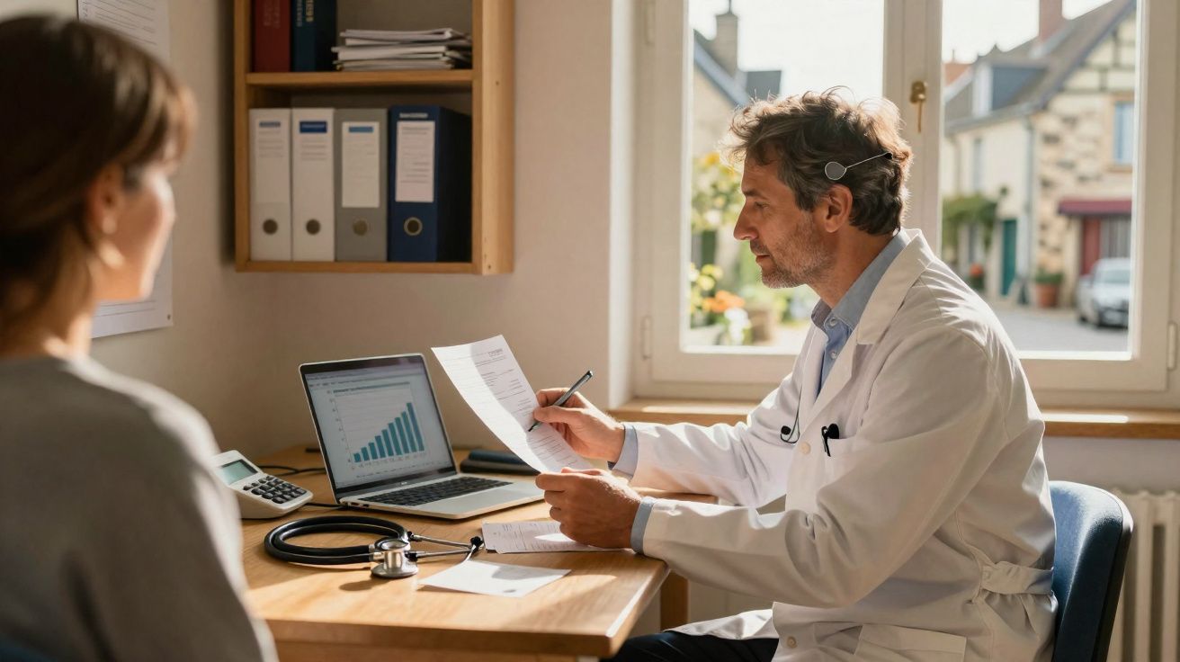 Médico a analisar relatório sentado à secretária em consulta com paciente numa sala iluminada pela janela.