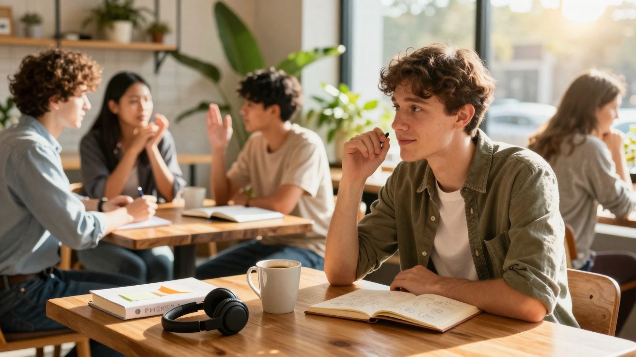 Jovens a estudar e socializar numa cafetaria bem iluminada com livros e bebidas sobre a mesa.
