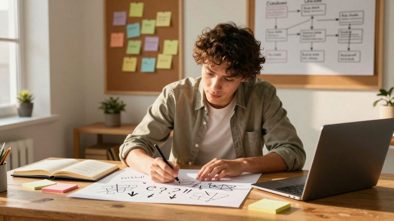 Jovem a desenhar diagramas numa folha grande numa mesa com computador e cadernos em ambiente de escritório.