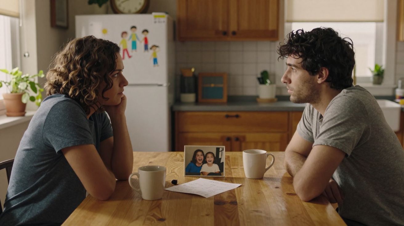 Casal sentado frente a frente numa mesa de cozinha, olhando-se com expressão séria.