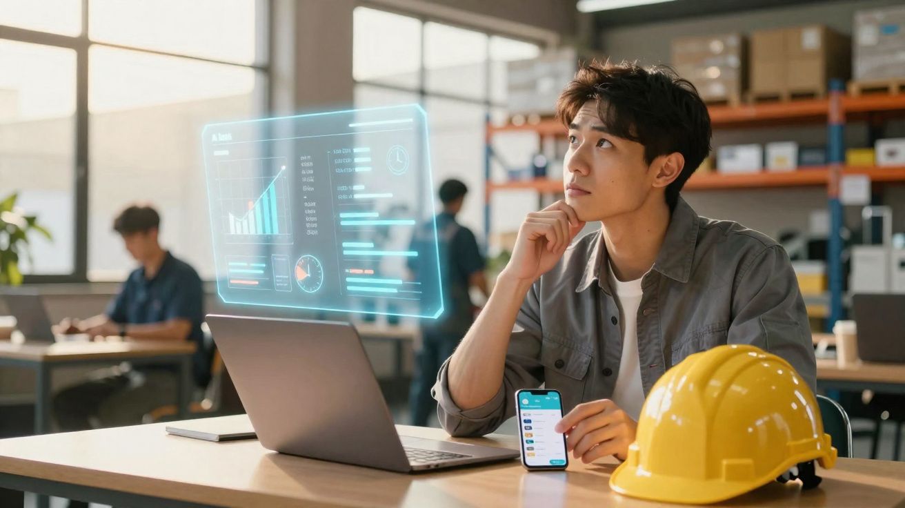 Jovem em escritório moderno com capacete amarelo, computador portátil e gráficos digitais projetados.