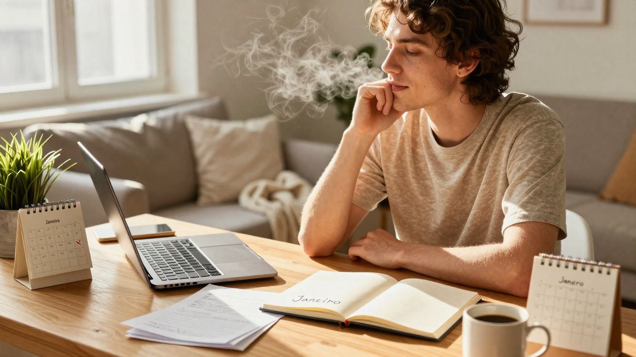 Jovem sentado a trabalhar num computador portátil, a fumar, com cadernos e calendários na mesa.