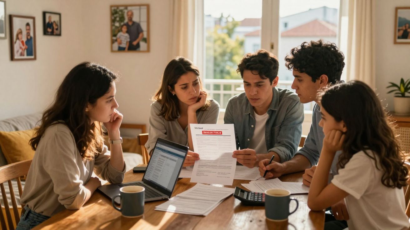 Grupo de jovens sentados à mesa a analisar uma fatura com laptops, calculadora e papéis.