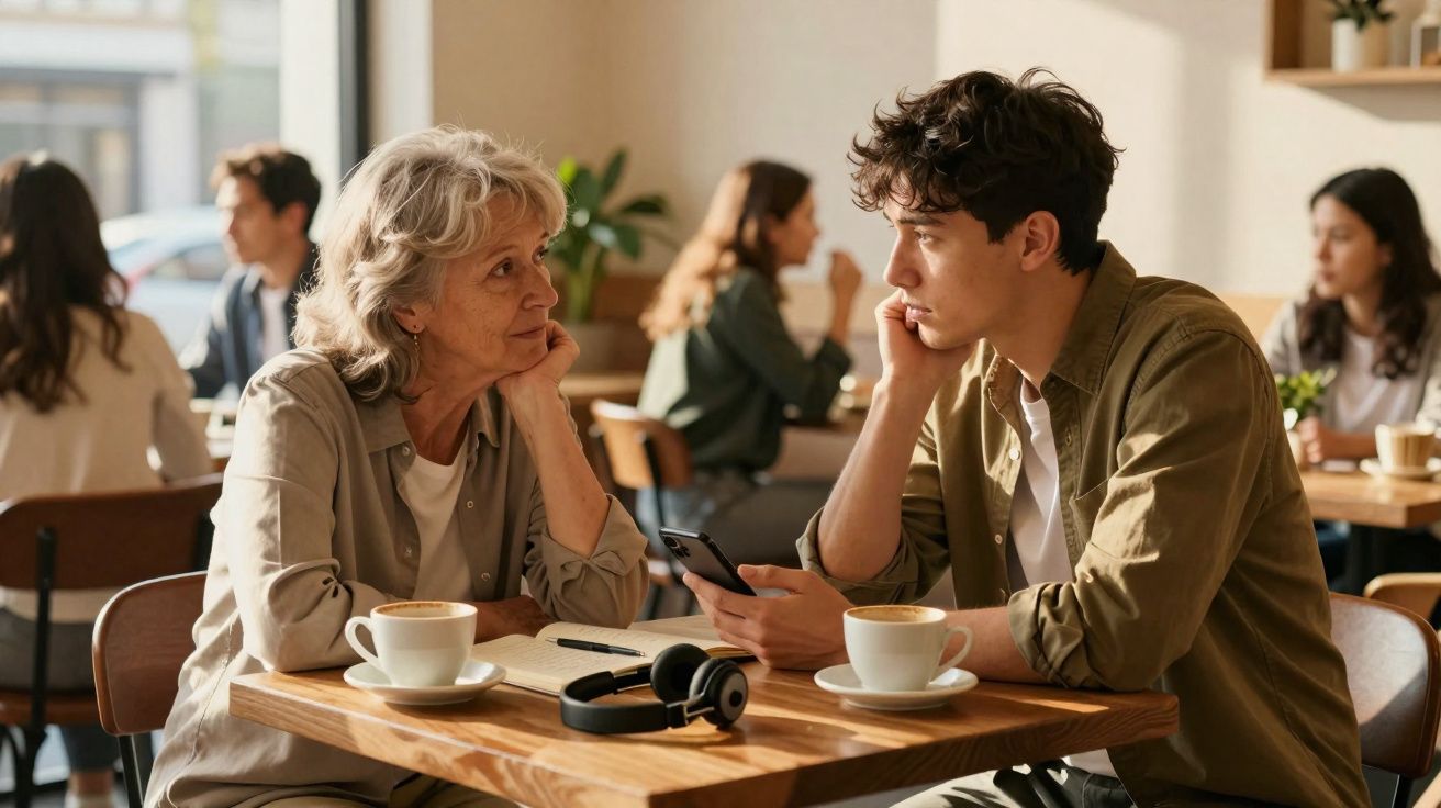 Mulher idosa e jovem sentados frente a frente num café, com chávenas, caderno e auscultadores na mesa.