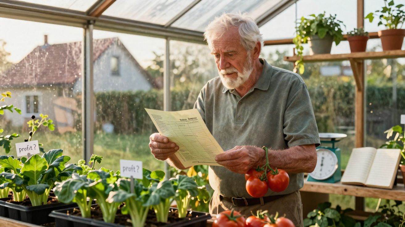 Idoso numa estufa lê papéis enquanto segura tomates frescos ao lado de plantas cultivadas em vasos.