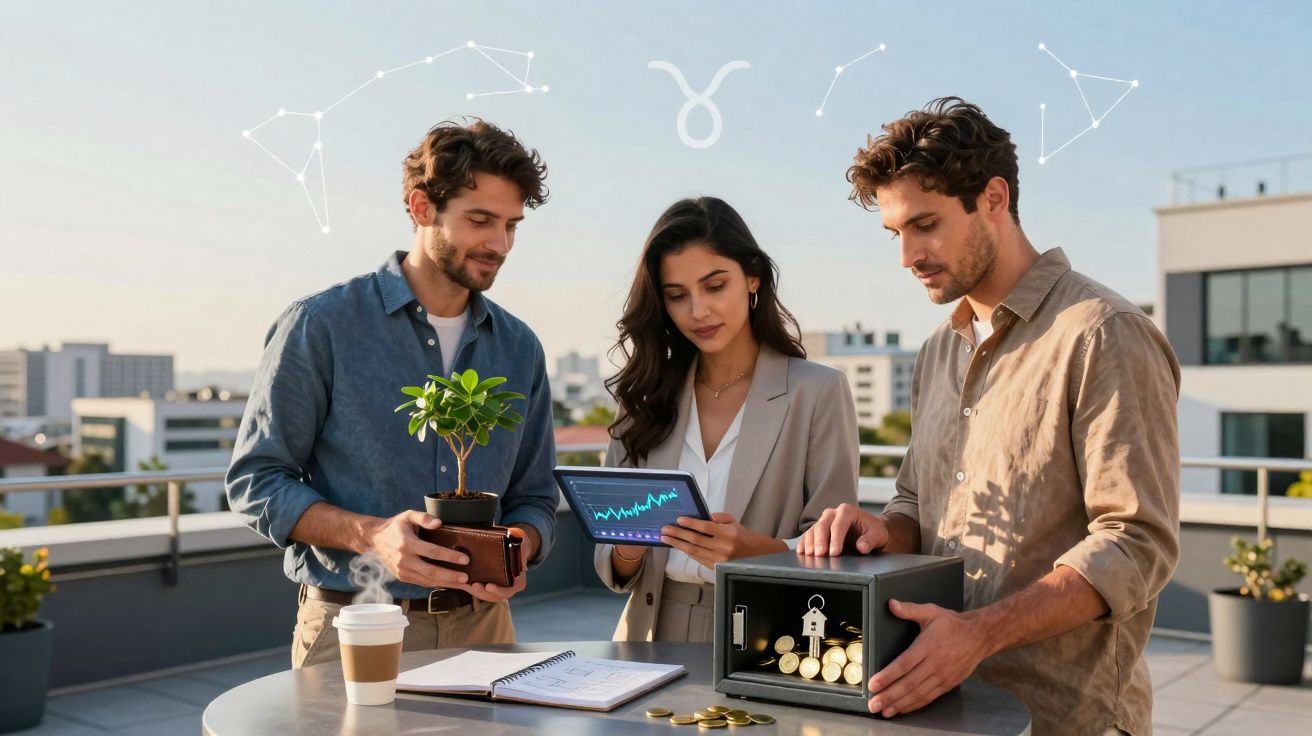 Três jovens colaboram ao ar livre numa mesa com gráficos, plantas e cofre cheio de moedas, constelações no céu.