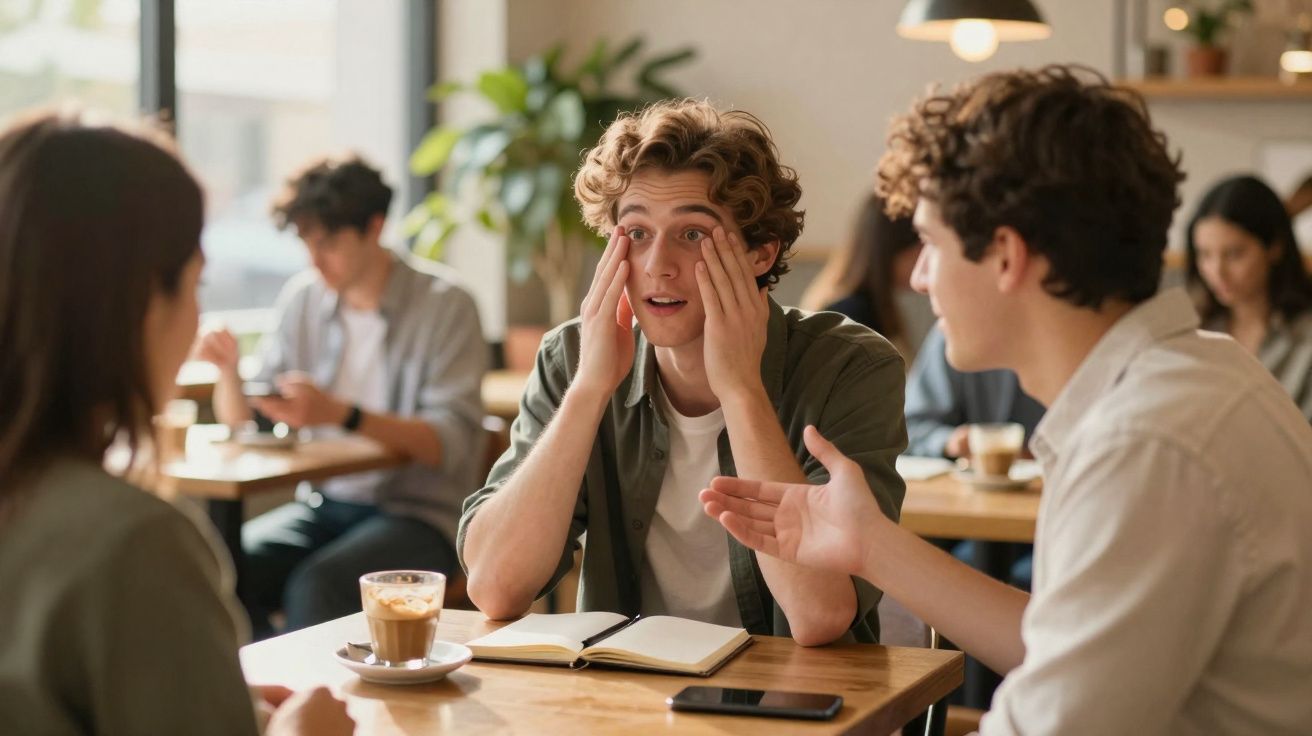 Três jovens sentados a conversar numa mesa de café, um deles parece surpreendido ou preocupado.