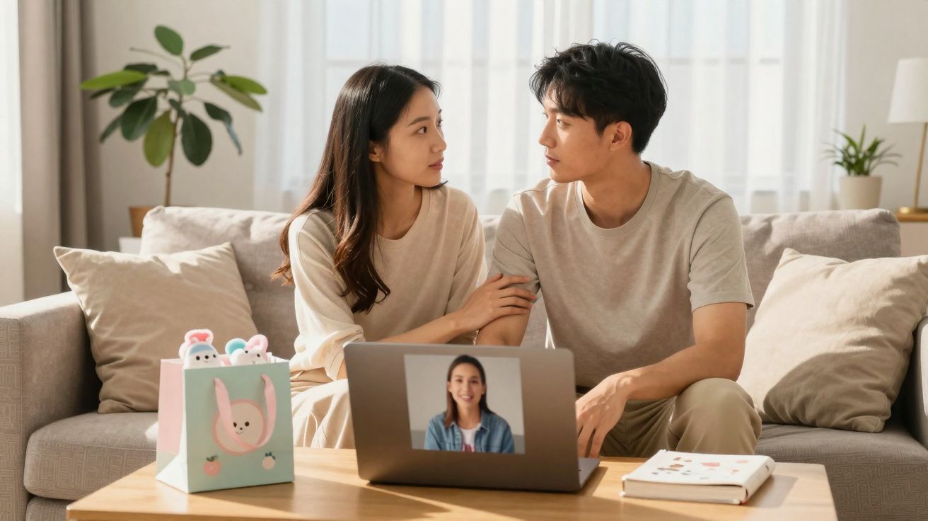 Casal asiático sentado no sofá a fazer videoconferência no portátil, ambiente calmo e confortável.