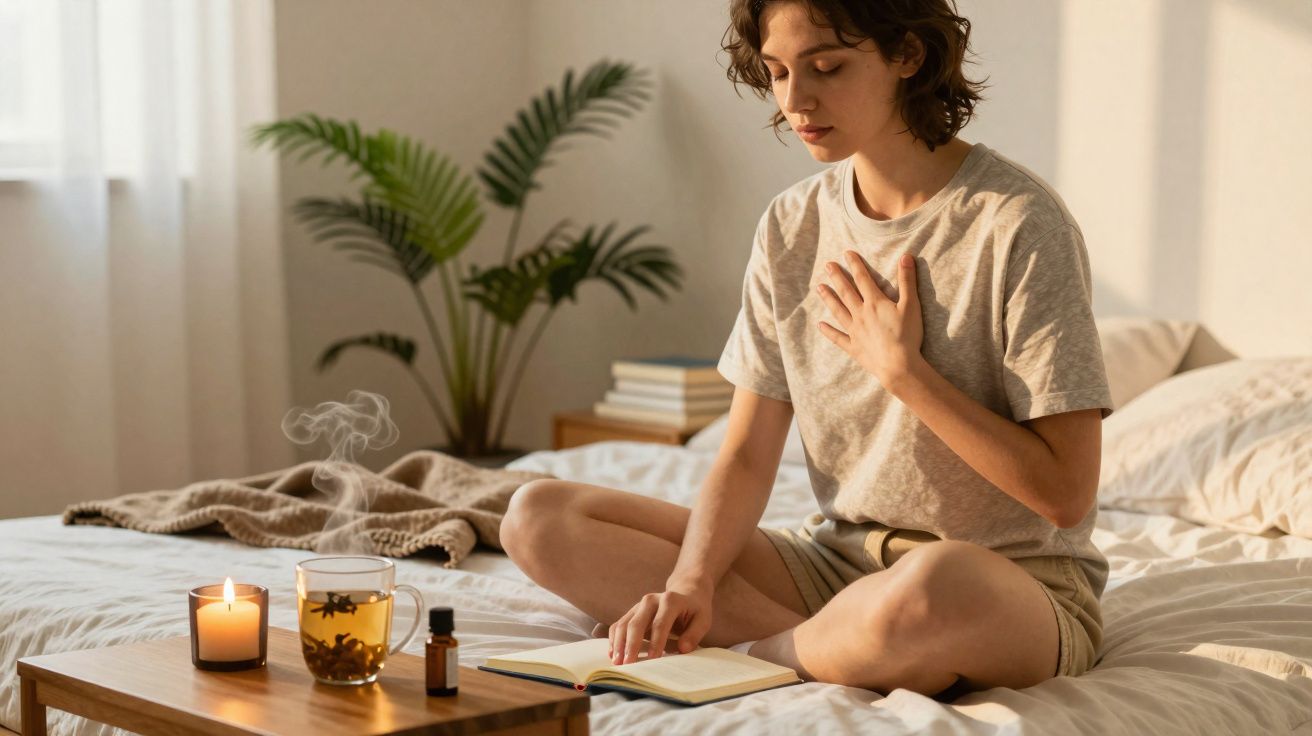 Pessoa sentada na cama a ler um livro, com chá quente e vela acesa numa mesa baixa à frente.