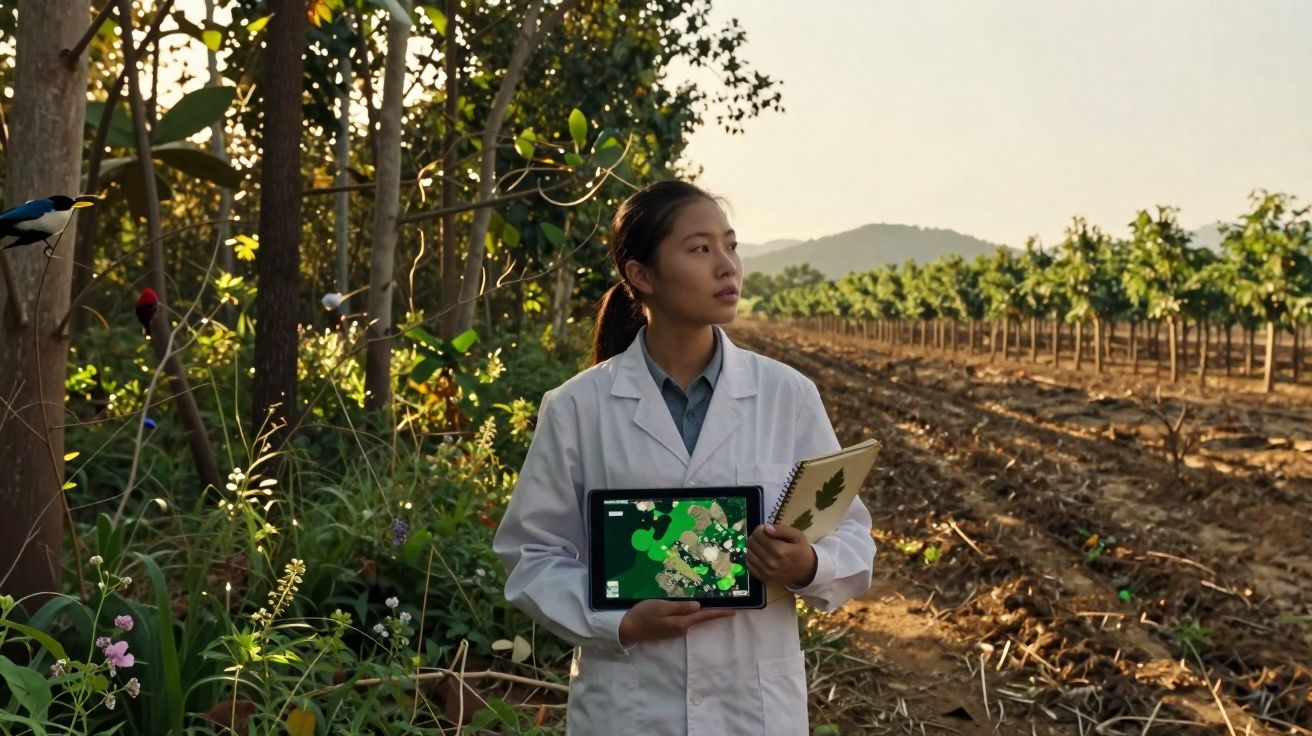 Jovem cientista em campo agrícola com tablet e caderno, rodeada de árvores ao entardecer.