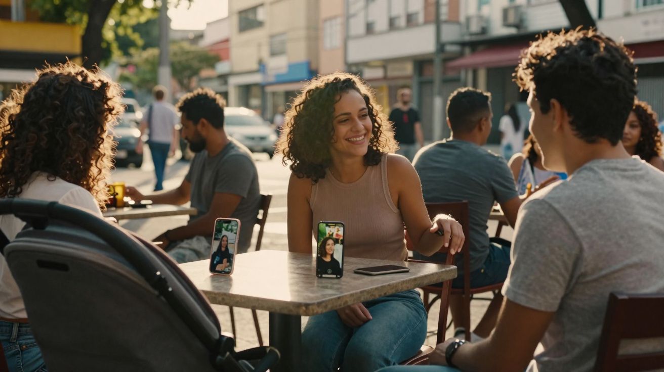 Grupo de amigos a conversar numa esplanada urbana em dia ensolarado, com telemóveis na mesa.