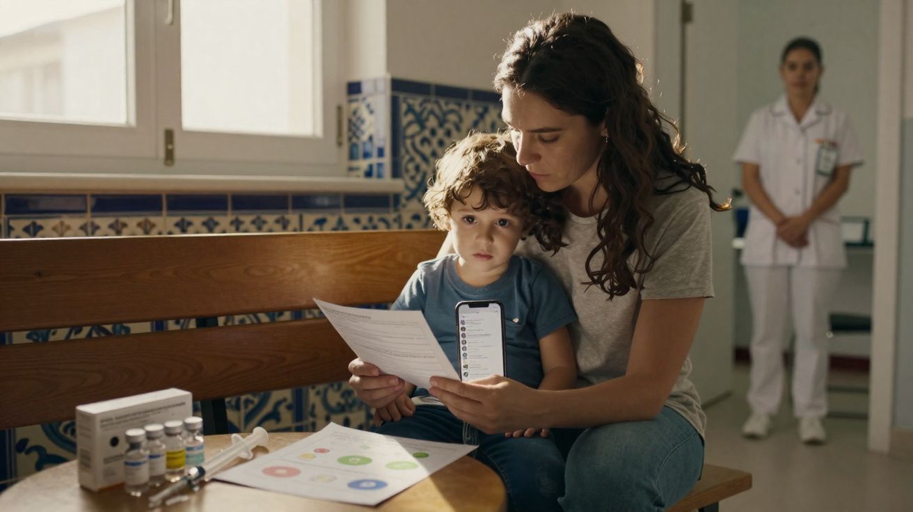 Mãe e filho sentados numa sala de espera médica, com profissional de saúde ao fundo e kit de vacinas na mesa.