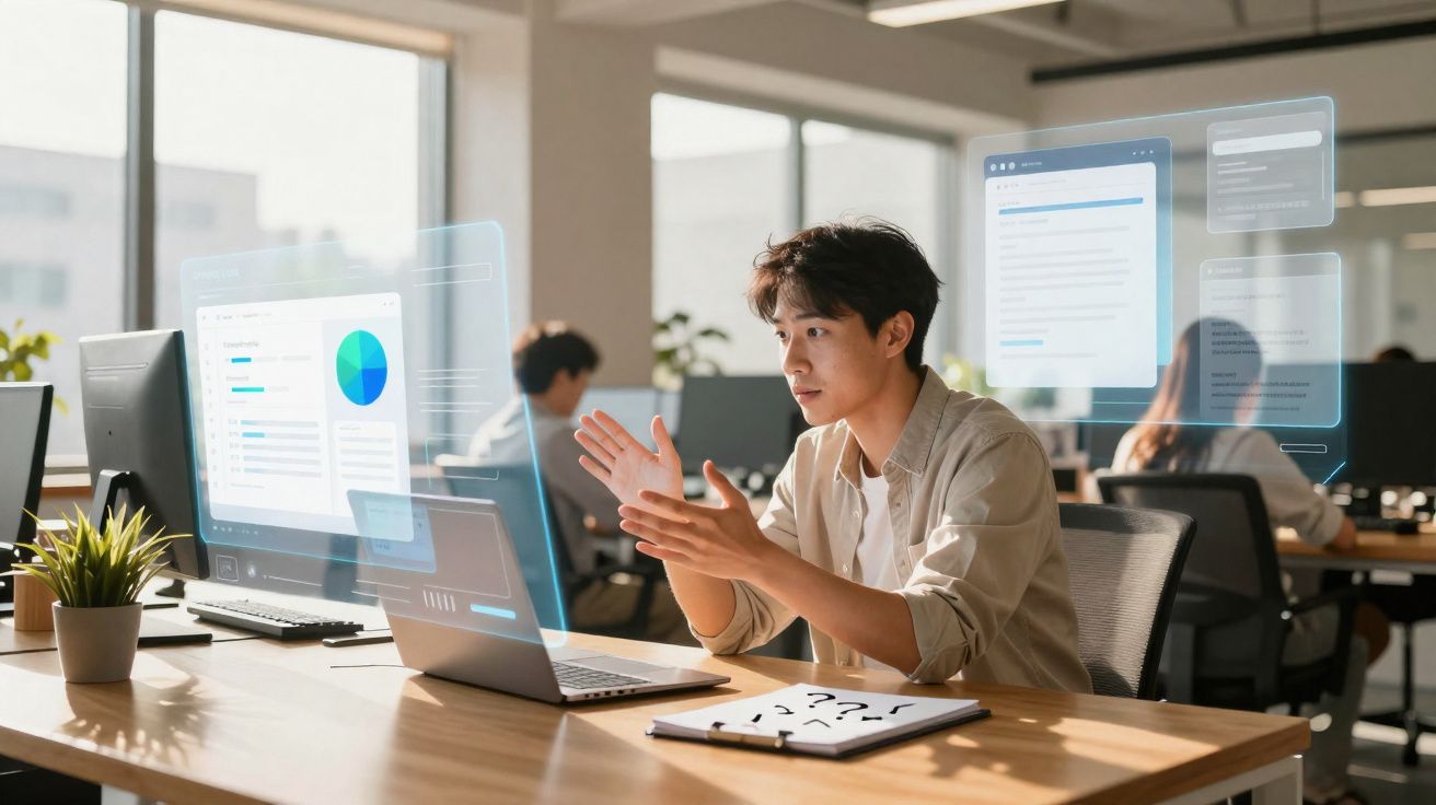 Homem a trabalhar em escritório moderno com ecrãs holográficos virtuais e computador portátil.