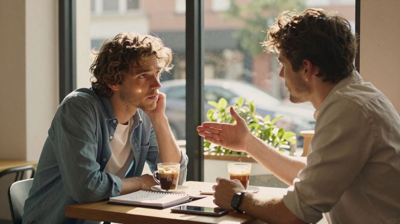 Dois homens jovens sentados à mesa de um café, a conversar, com bebidas e caderno à frente.