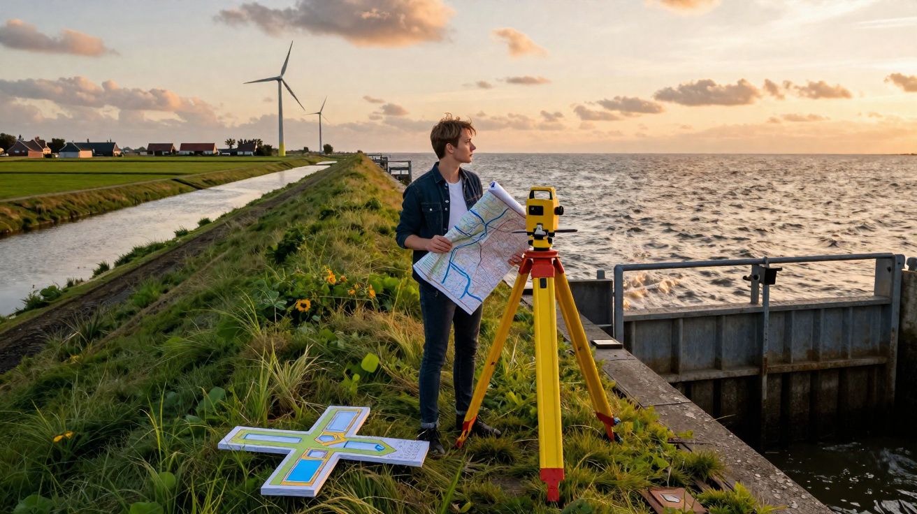 Pessoa com mapas e equipamento de medição junto à água, com turbinas eólicas ao fundo ao pôr do sol.