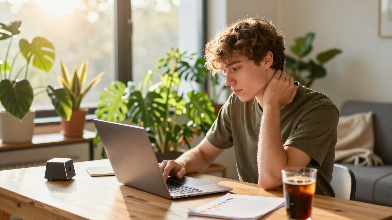 Jovem sentado numa mesa com computador portátil, rodeado por plantas e luz natural a entrar pela janela.