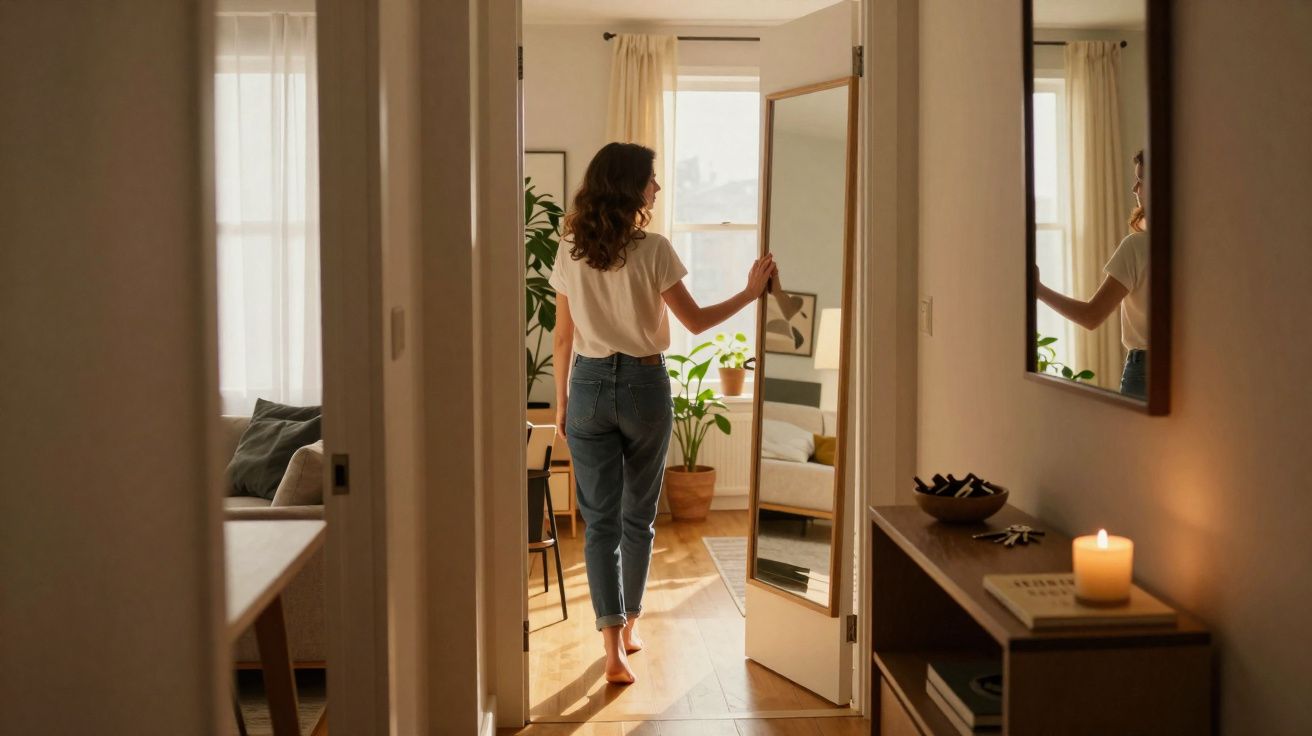Mulher de roupa casual entra numa sala luminosa e acolhedora com plantas e decoração simples.