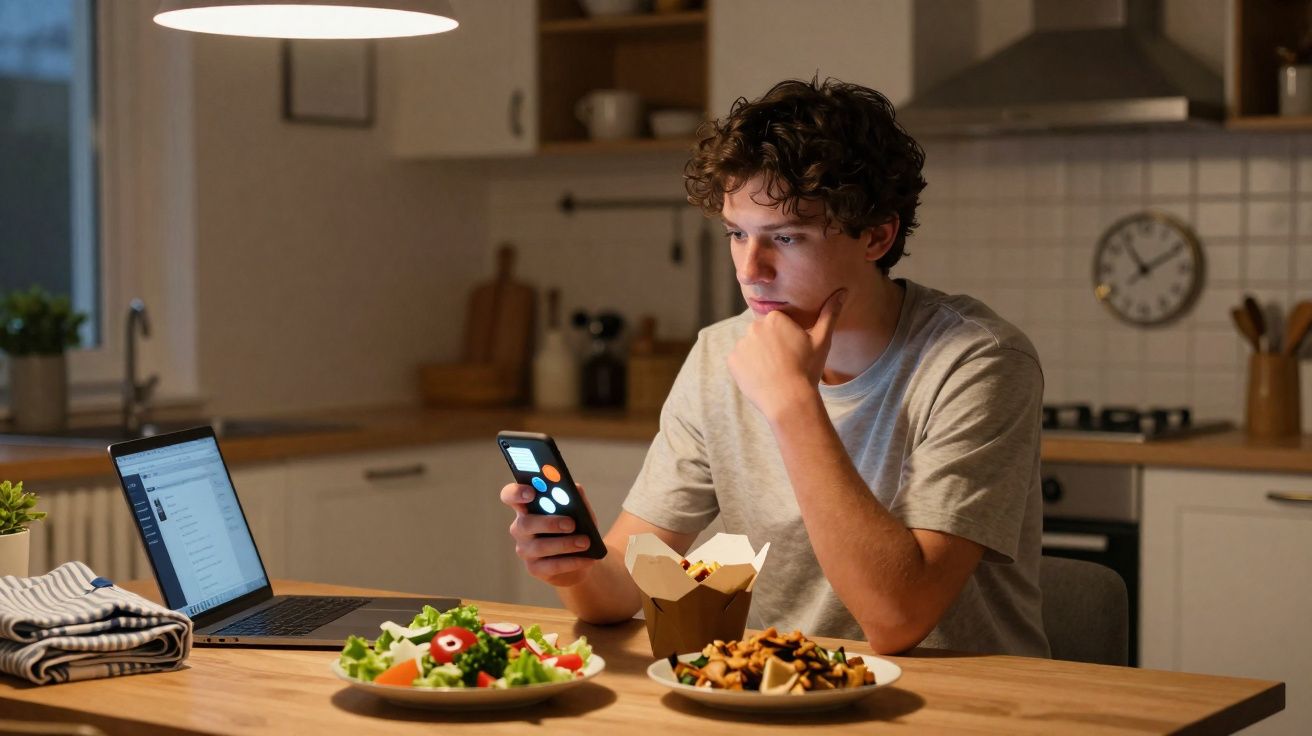 Jovem sentado na cozinha, a olhar para o telemóvel com computador aberto e pratos de comida à sua frente.