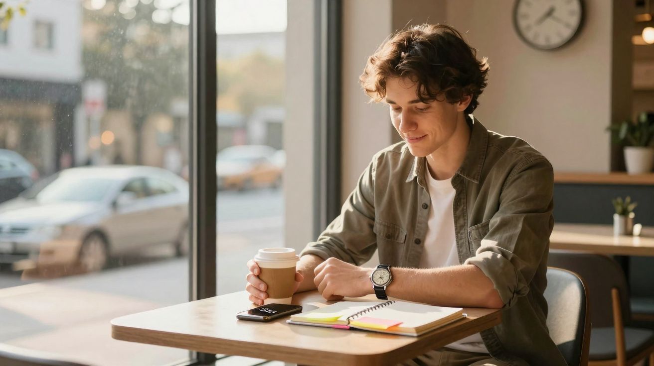 Jovem sentado numa mesa de café com um caderno aberto, a segurar um copo de papel para beber.